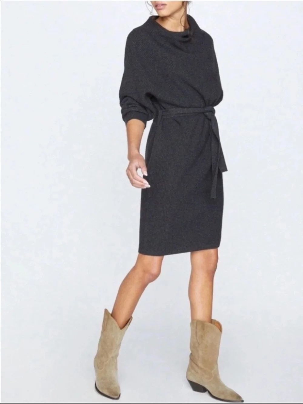 Brochu Walker Leith Belted Dress Small Wool Blend Sweater Tie Waist Charcoal